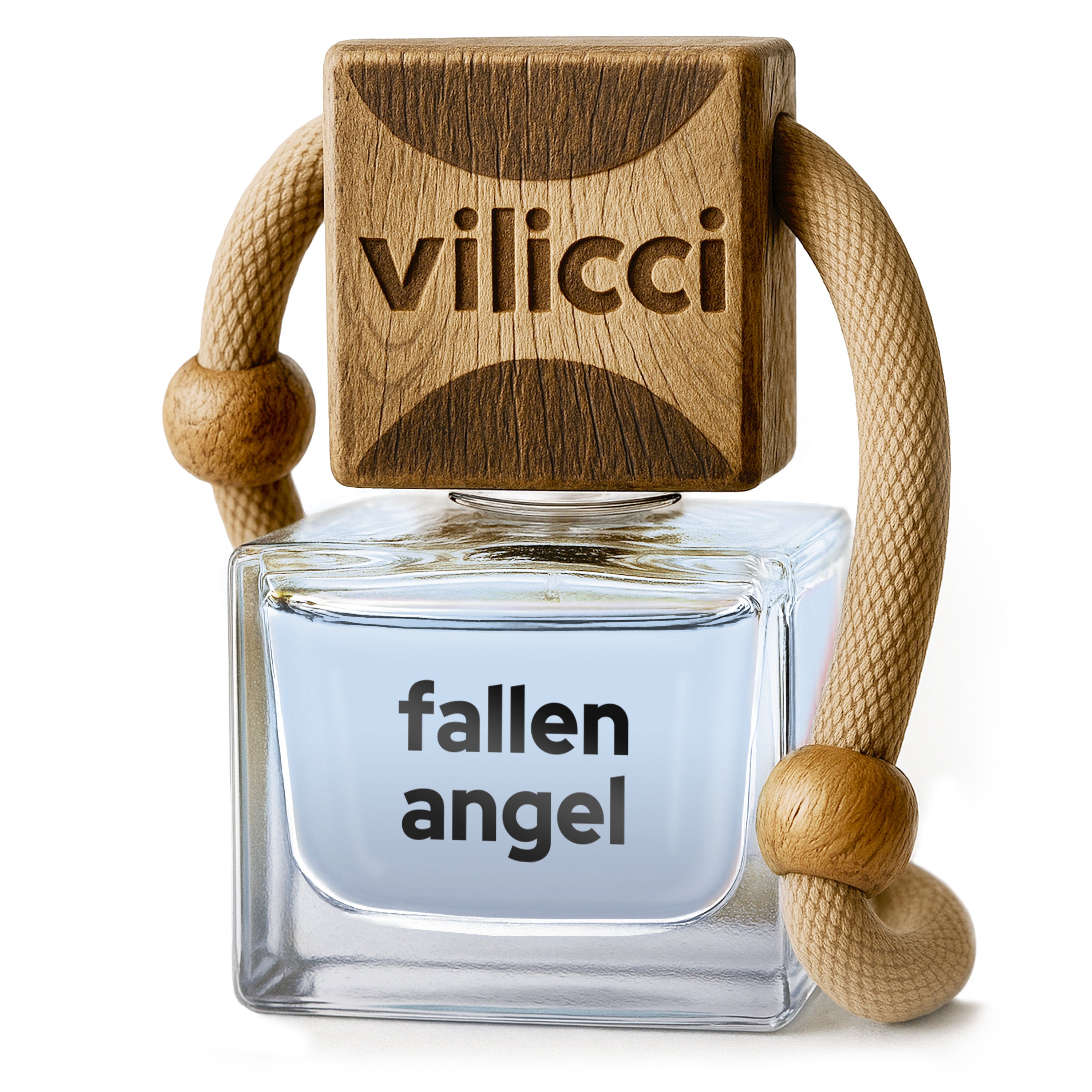 Vilicci Fallen Angel car diffuser featuring teal liquid, branded wood top, and elegant cord